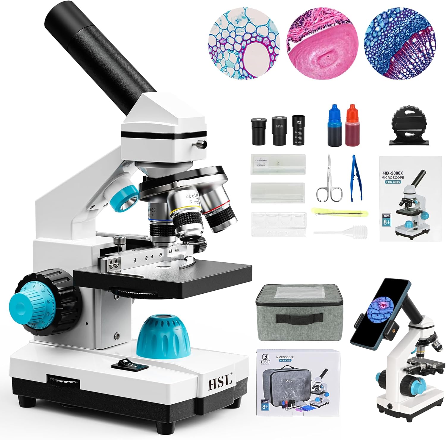 HSL 40X-2000X Microscope for Kids,Monocular Compound Microscope Kit for Students Adults,Dual LED Powerful Biological Microscopes Set for Laboratory School Education Science Beginner 1000x 2000x Thumbnail