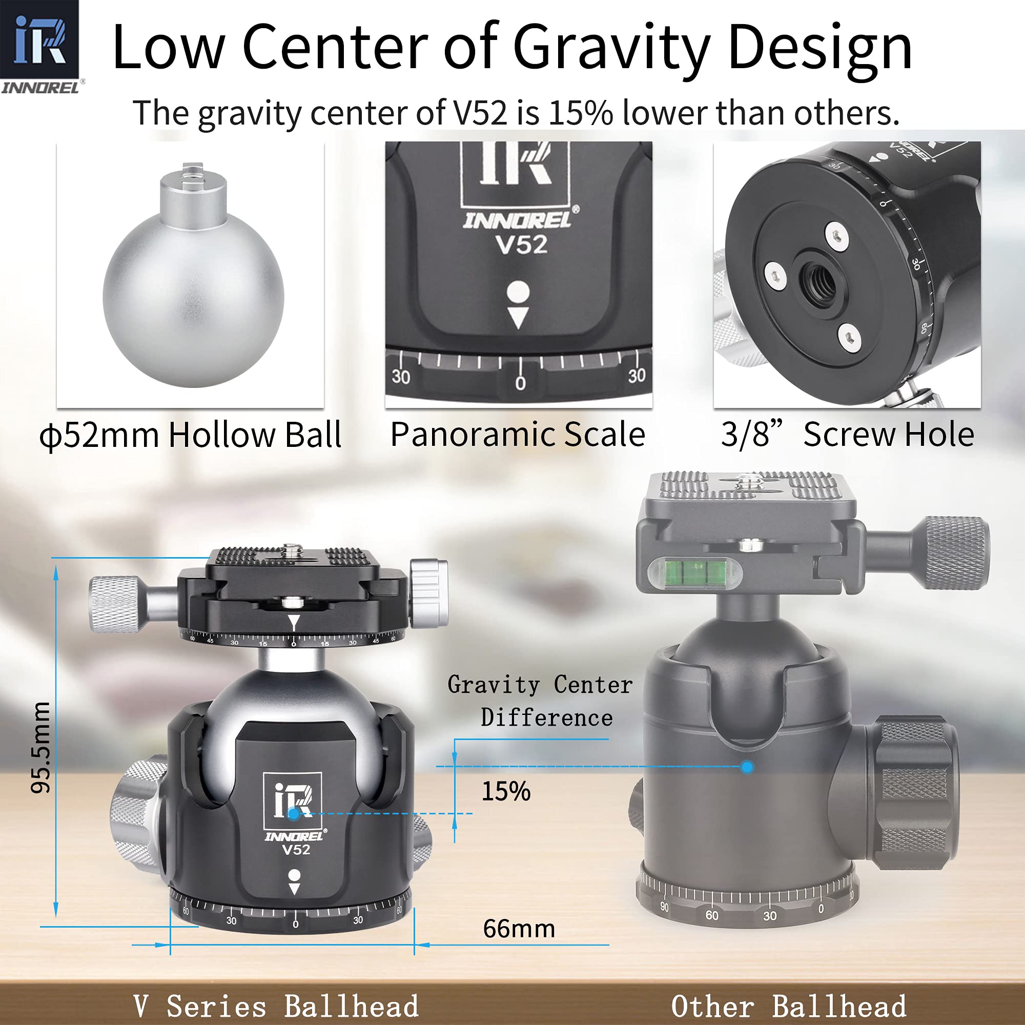 Testa A Sfera INNOREL E40 In Metallo CNC – Panoramica 360°, Carico 20kg, Piastra Arca-Swiss, Bolla A Doppio Livello, Per DSLR E Videocamere