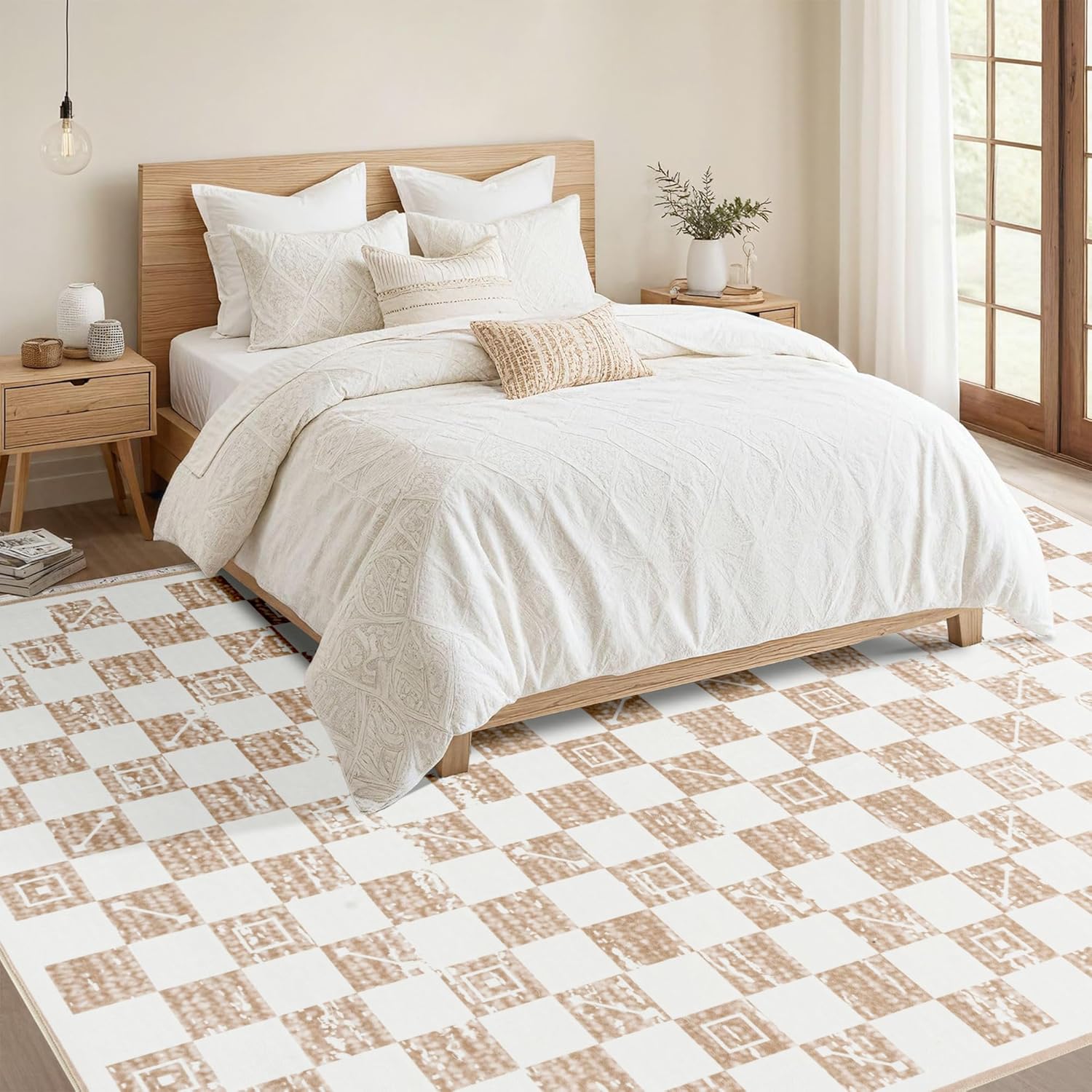 CocoHouse 5x7 Plaid Rug Beige - Checkered Rug with Non Slip Backing, Modern Rugs for Living Room Low Pile, Washable Area Rugs for Bedroom, Dining Room, Nursery - Image 5