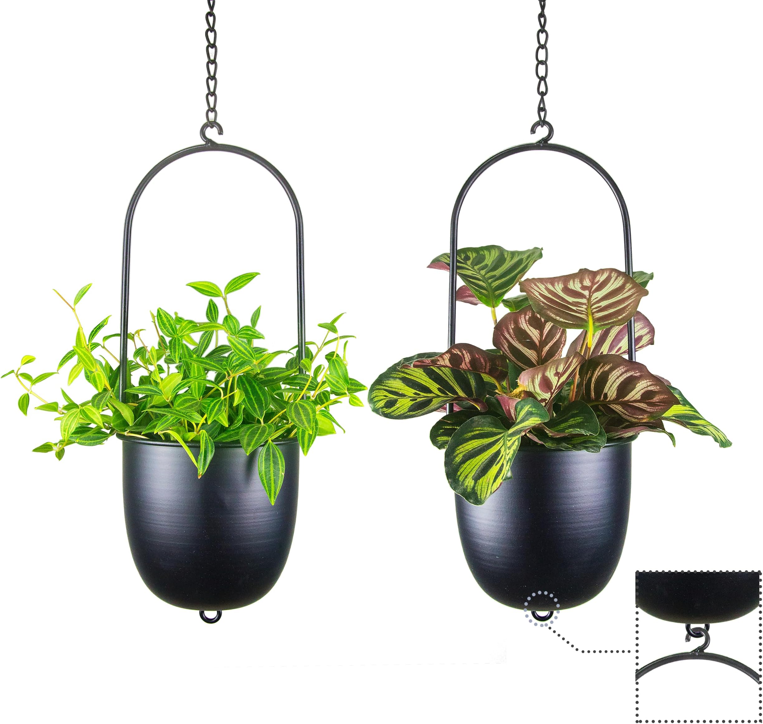 Stackable Metal Hanging Planters, Set of 2 Black Oval Plant Hangers with 6 inch Flower Pots, Modern Wall and Ceiling Plant Holders for Indoor Outdoor Plants Home Dรฉcor