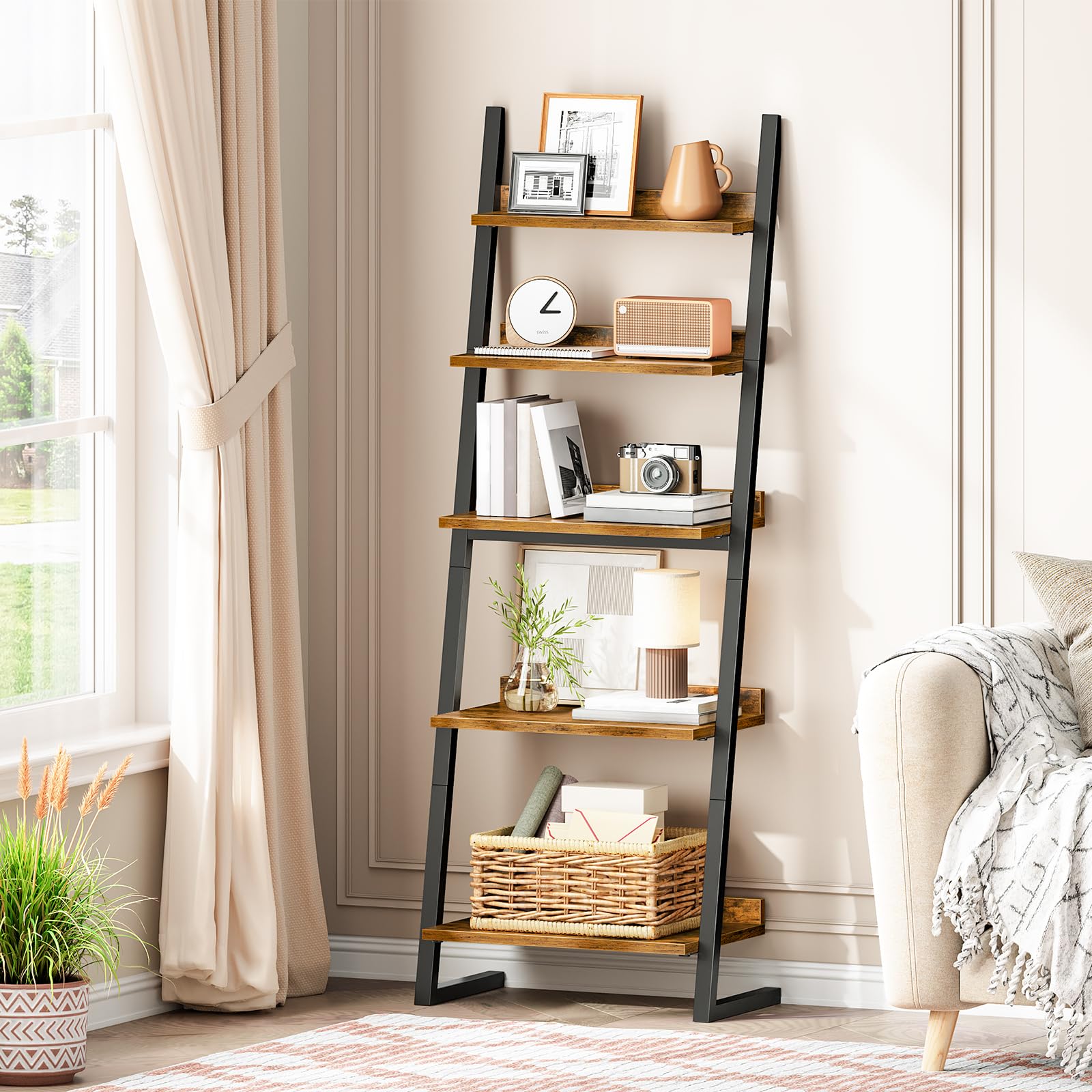 HOOBRO 5-stöckiges Schmales Regal, Bücherregal, Standregal, Leiterregal, kleines Eckregal, Lagerregal für Wohnzimmer, Arbeitszimmer, Balkon, Schlafzimmer, Vintagebraun und Schwarz EBF150CJ01