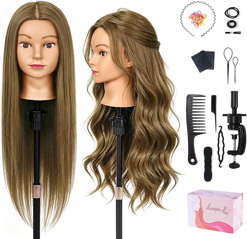 TopDirect 26"Mannequin Head Human Hair,80% Real Hair Cosmetology Mannequin Manikin Head Hair Braiding Hairdressing Practice Training Doll Head Styling with Clamp Holder and Tools(Latte Brown)