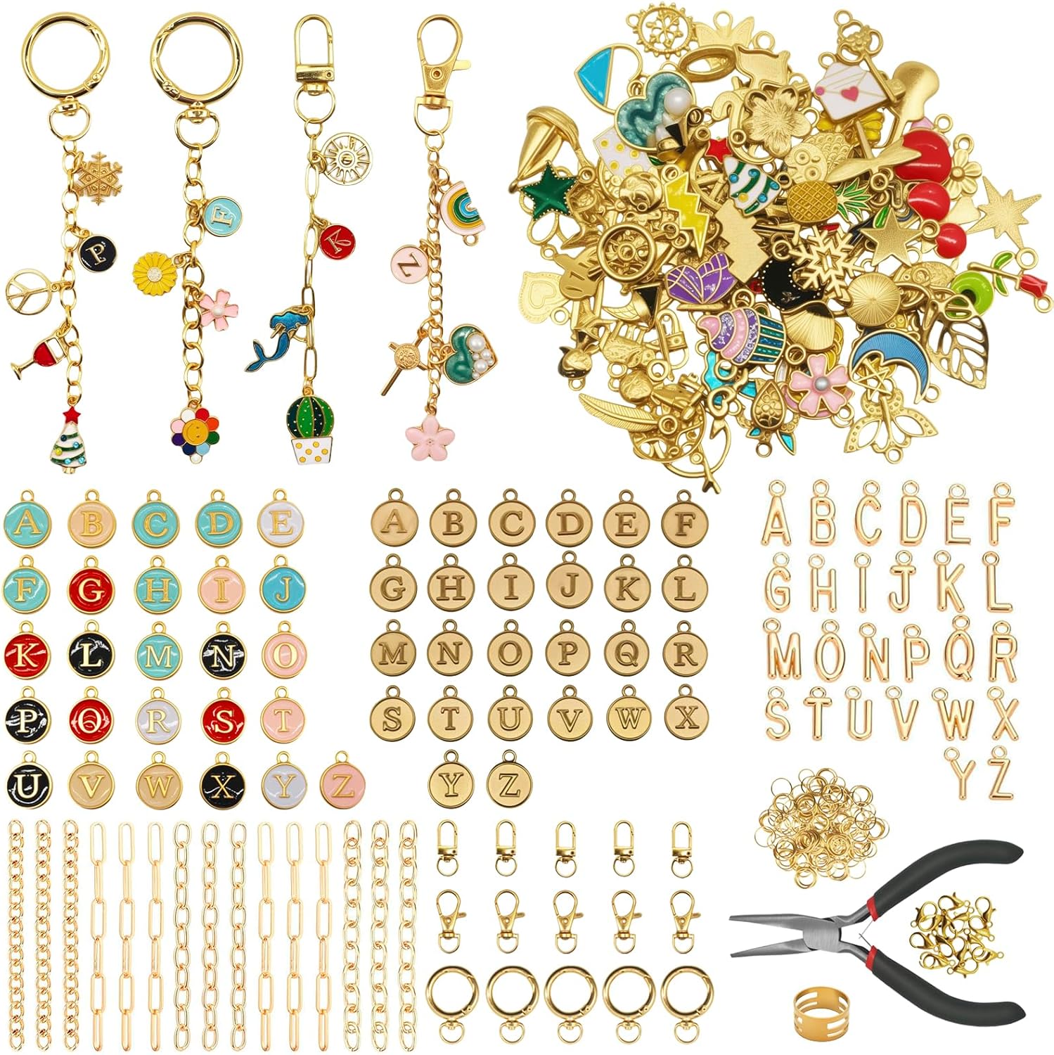 Aucscott Lipgloss Keychain Making Kit with Charms for Gilrs Adults, DIY Keychain Supplies Jewelry Craft Kits with A-Z Letter Charms for Custom Bag Phone Key Chain Lip Balm Earring Purse Handbag