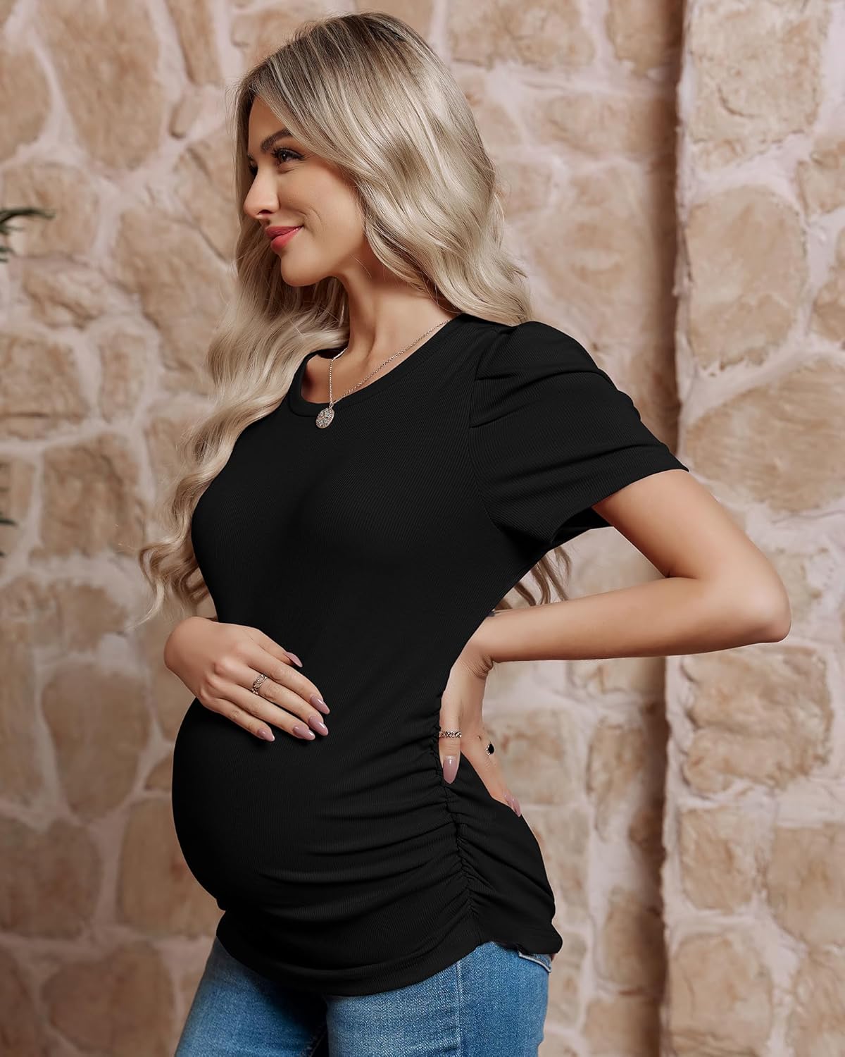 Onedreamer Women's Maternity Shirts Puff Short Sleeve Round Neck Tunic Top Casual Pregnancy Clothes - Image 4