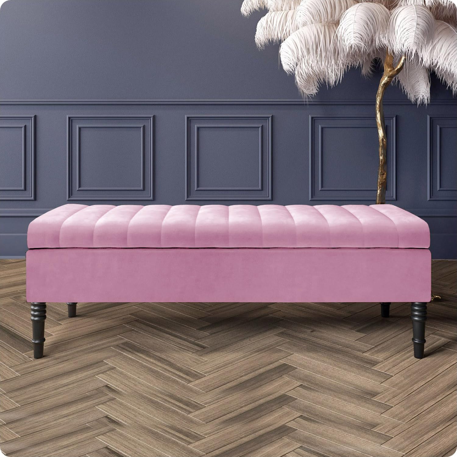 R&M Furnishers Safar Ottoman Storage Bench, Plush Shoe Bench with Storage, Velvet Footstool, Lined Upholstered Coffee Table, End of Bed Bench, Hallway Seating Bench (Pink Velvet, 3ft (90x40x40) CM)