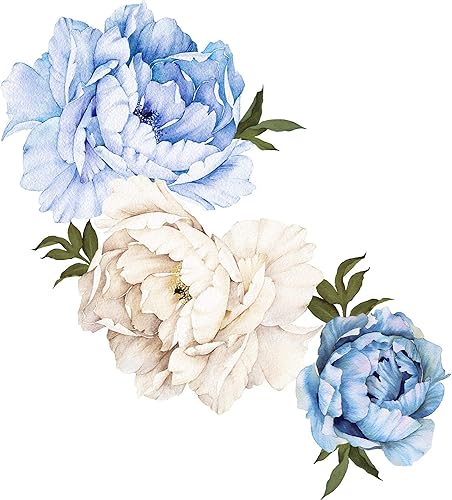 Calcomanías de pared de peonías azules, calcomanías de pared de peonías de acuarela, vintage, flor de rosa, floral, mural de pared para habitación