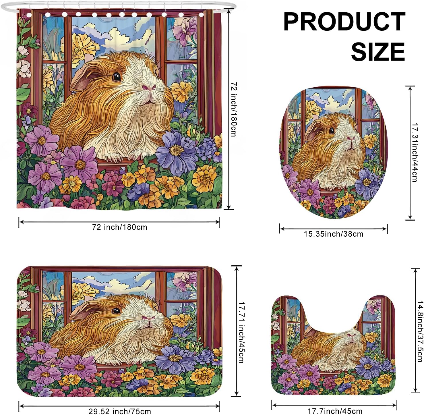 4PCS Funny Guinea Pig Pet Shower Curtain Sets with Non-Slip Rug, U Shape and Toilet Lid Cover Mat, Cartoon Flowes Bath Decor, Bathroom Accessory with Hooks