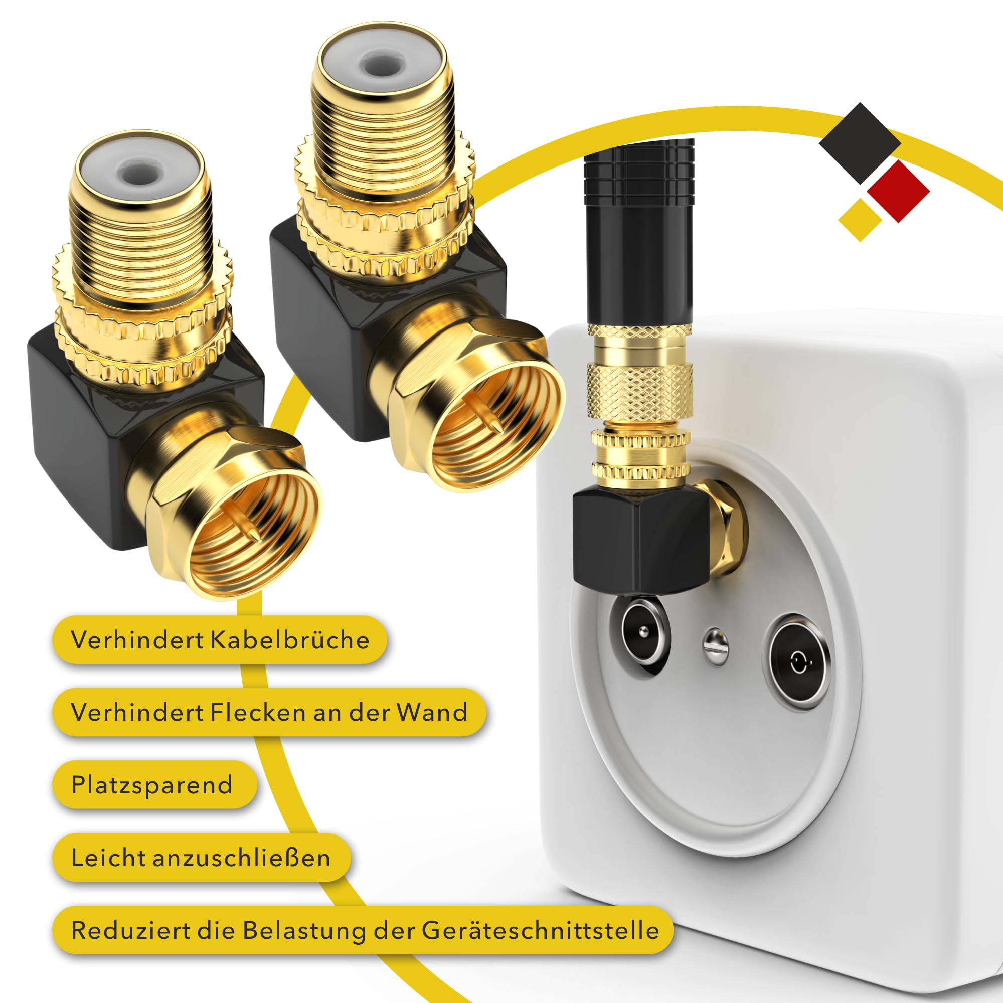 RedStar24 Sat F - Adattatore angolare a 90° per cavo coassiale, spina ad angolo F, adattatore a F, ad angolo, cavo antenna satellitare, accoppiamento placcato oro, 2 pezzi