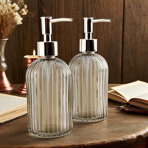 Miniatura 6 de Paquete de 3 dispensadores de jabón de vidrio con bomba a prueba de óxido, dispensador de jabón líquido recargable de 14 onzas para baño y cocina