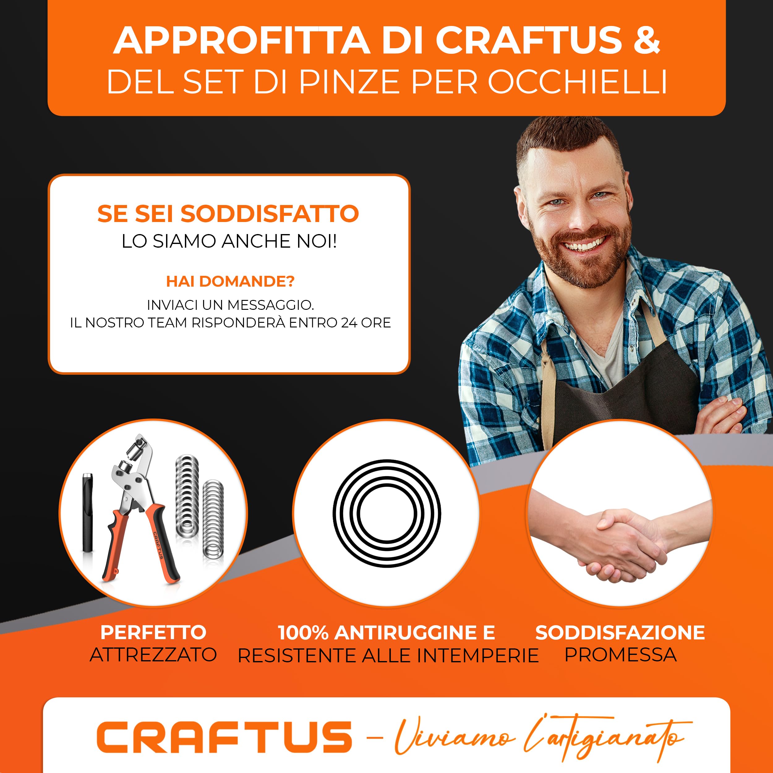 CRAFTUS® Pinza per occhielli metallici con 200 occhielli (Ø10mm) I Occhielli per teloni e tessuti magnetica per occhielli in acciaio temprato I Occhiellatrice per teloni per occhielli