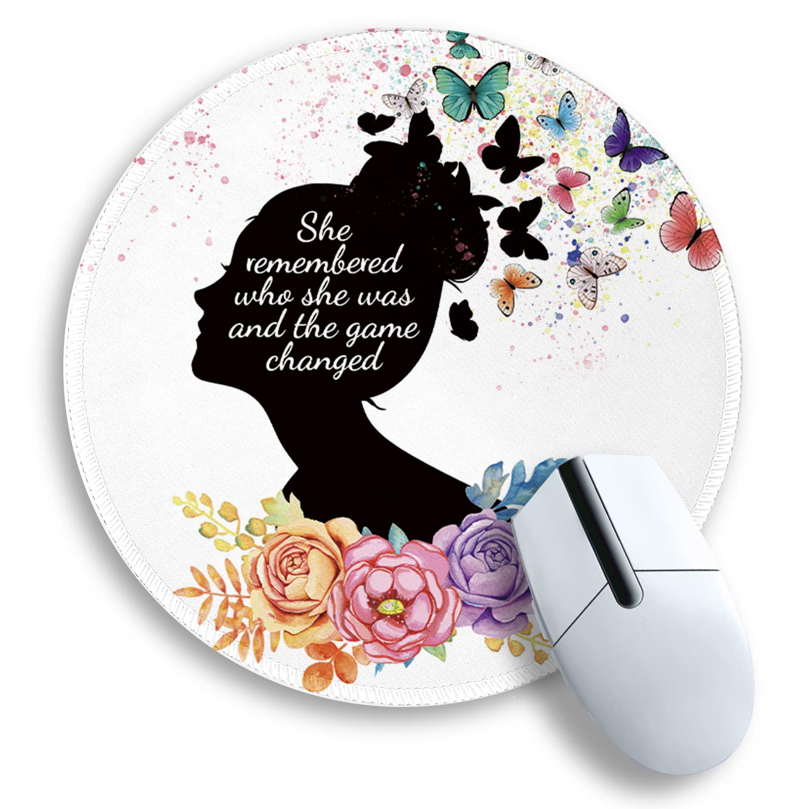 Gctriki Round Mouse Pad, Cute Butterfly Flower Mousepad for Laptop Gaming Women, with Stitched Edge Non-Slip Rubber Base, Feminist Inspirational Quote Mouse Pad, Home Office Decor Desk Accessories
