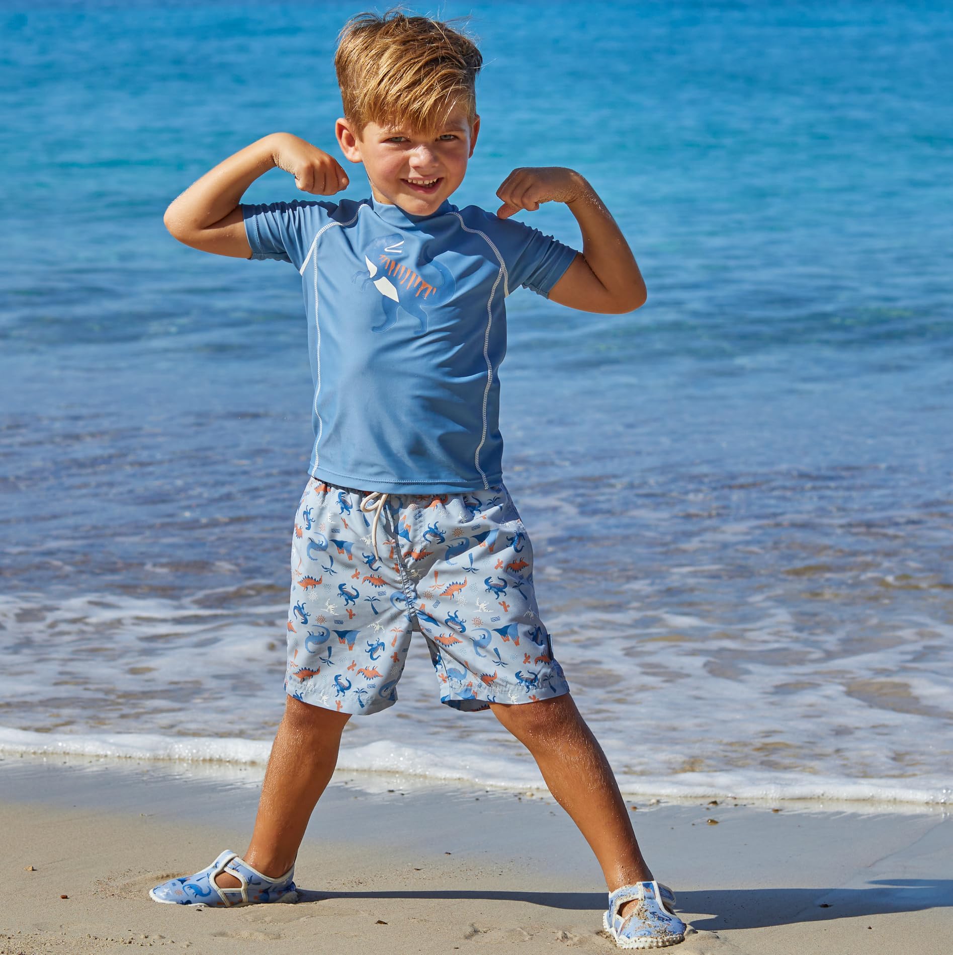Playshoes Camiseta de baño Unisex para niños, Camisa antisarpullido, Dinosaurio Azul, 134-140