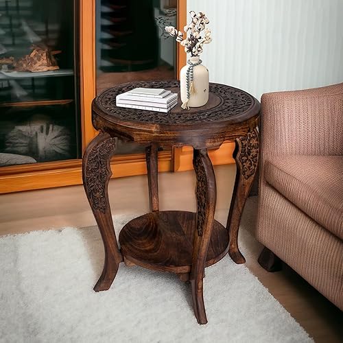 Miniatura 7 de The Wooden Town Mesa auxiliar redonda de estilo granja, mesitas de noche rústicas para sala de estar, dormitorio, mesas de café, bandeja de madera,