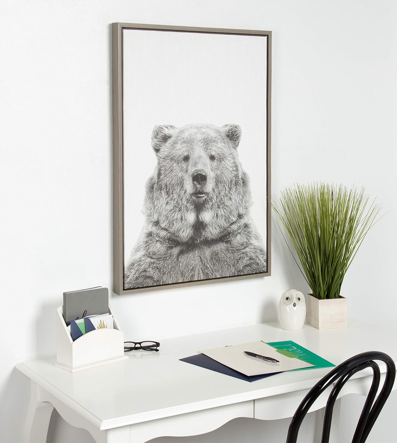 Kate and Laurel Sylvie Bear Animal Print Black and White Portrait Framed Canvas Wall Art by Simon Te Tai, 23x33 Gray