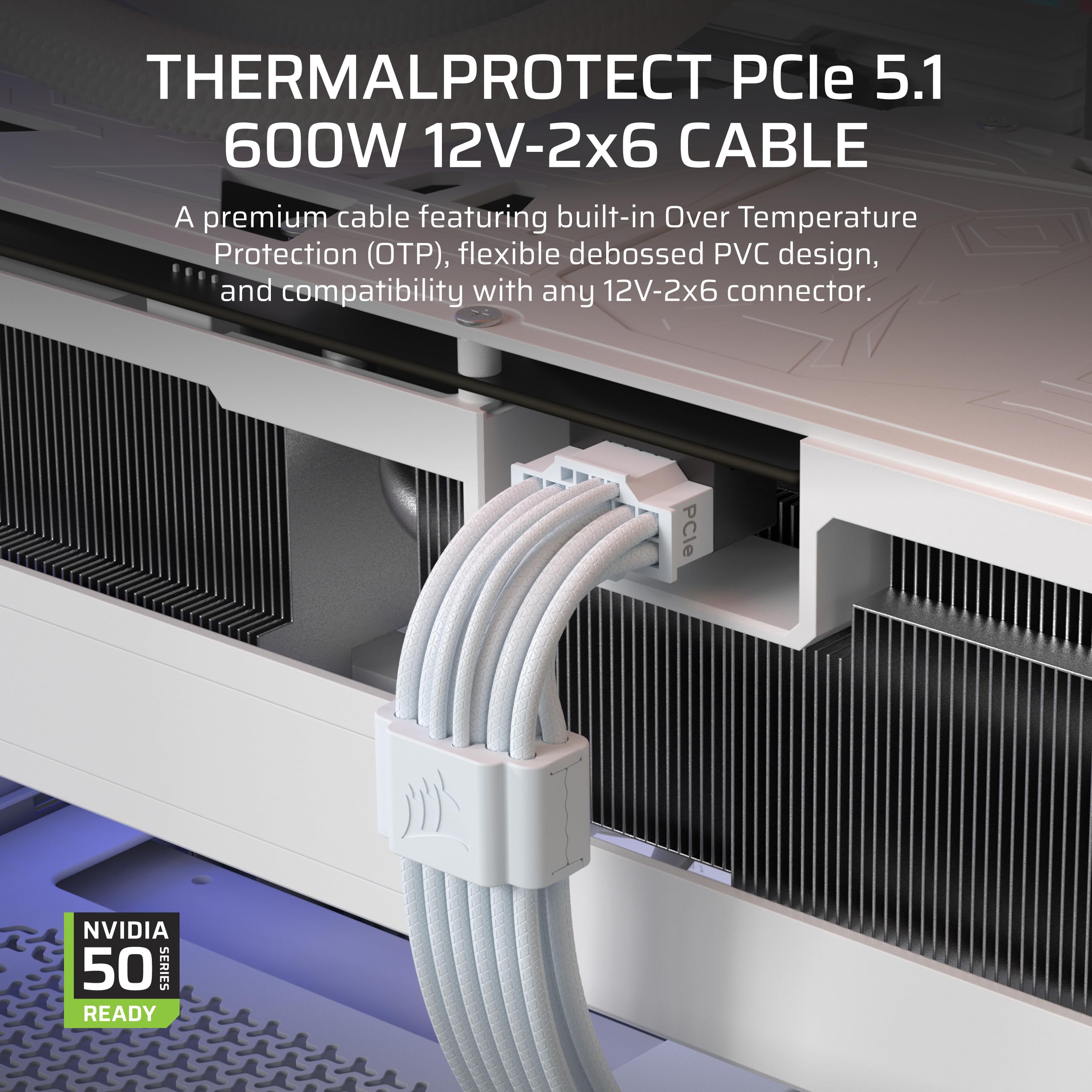 CORSAIR ThermalProtect PCIe 5.1 600 W 12 V-2x6 kabel zasilający, zintegrowana ochrona przed przegrzaniem (OTP), kompatybilny z zasilaczami ze złączem 12 V-2 x 6 – biały