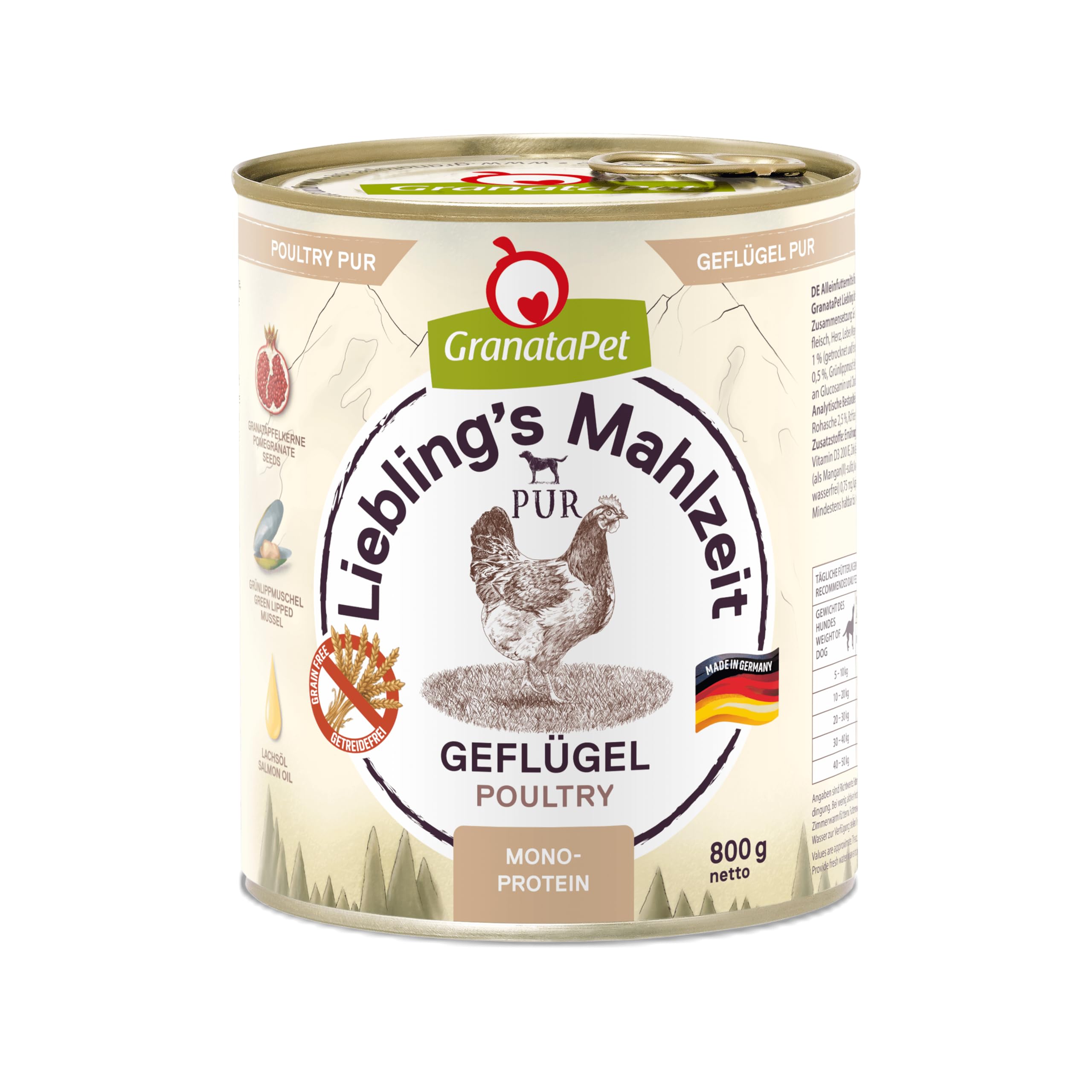 GranataPet Liebling's Mahlzeit Aves Pur, 6 x 800 g, Comida húmeda para Perros, Comida para Perros sin Cereales ni azúcares, pienso Completo con Alto Porcentaje de Carne y aceites