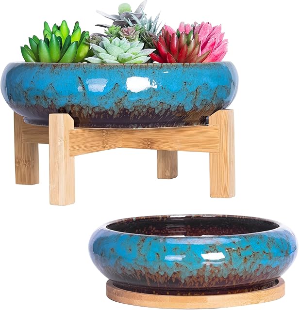ARTKETTY Plant Pots Indoor - 18.5/25 CM Large Bonsai Pots with Trays Set of 2, Colorful Succulent Plant Pots Ceramic Pots for Cactus Plants Garden Decorative Flower Pot