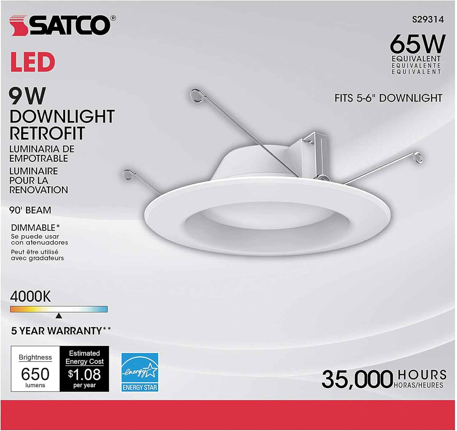 Satco S29314 9.8 watt LED Downlight Retrofit; 5 - 6"; 4000K; Dimmable; 120 Volts 12-Pack