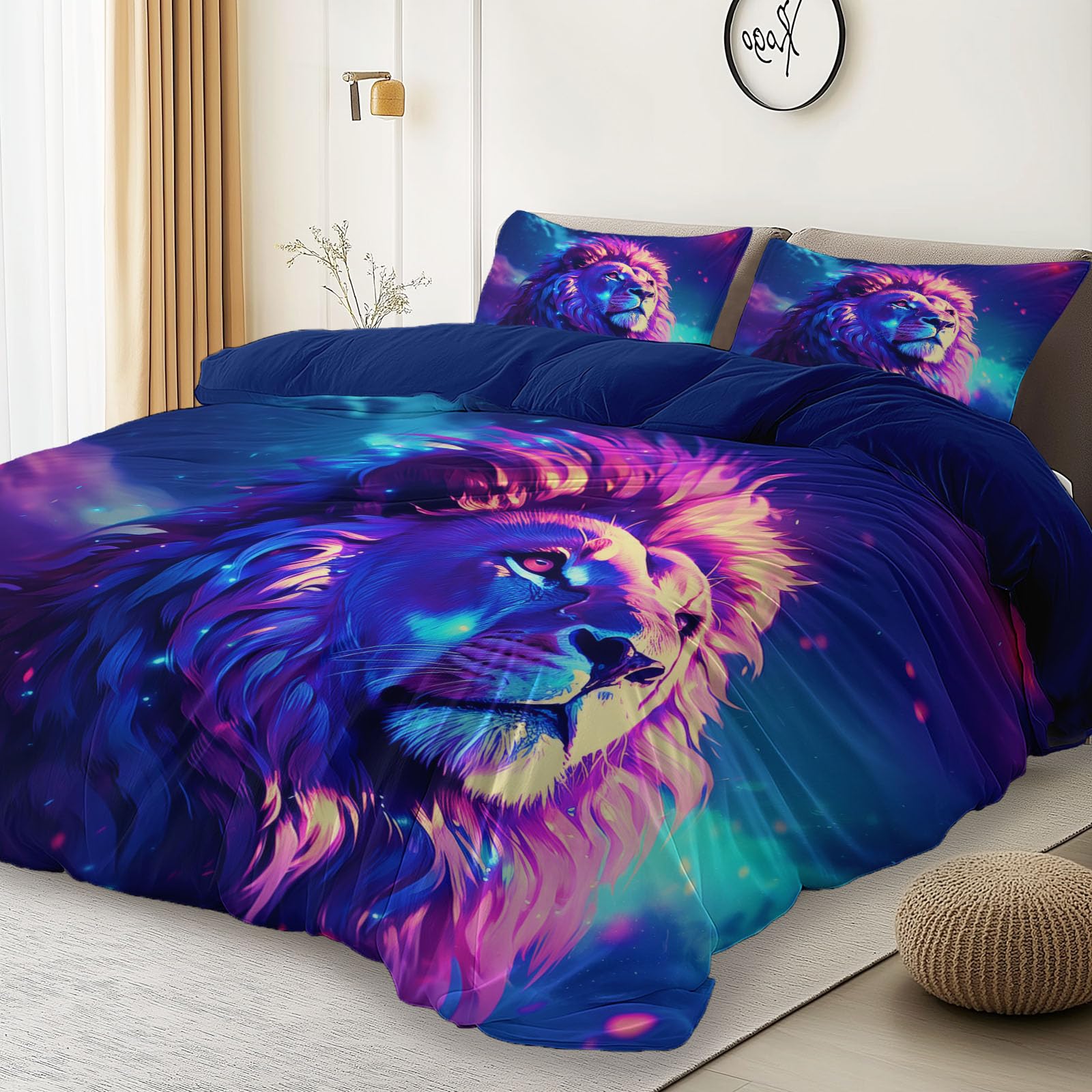 Animaux Dégradé Lion Housse de Couette 140 x 200 cm avec Taies d'oreiller, Illustration Rêveuse Bleu Foncé 100% Microfibre Parure de Lit, pour Enfants garçons