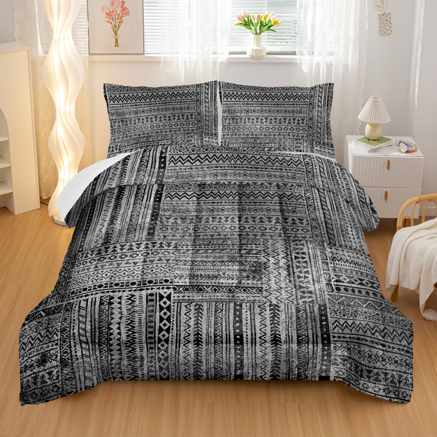 Nttopship Grey Splicing Comforter Sets Queen Size, Bohemian Geometric Bedding Set for Your Room, Abstract Soft Lightweight Quilted Set All Season, 1
