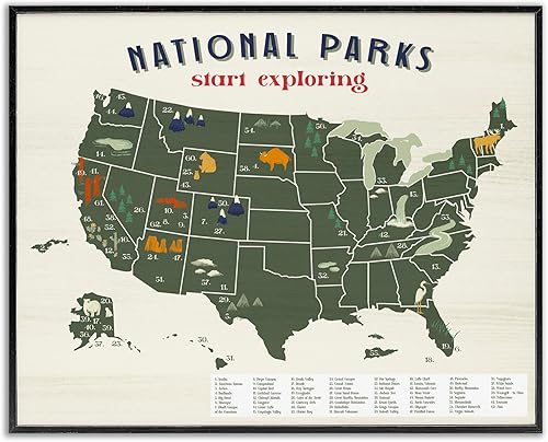 Stupell Industries Mapa de parques nacionales con llave numerada de Estados Unidos, diseñado por Daphne Polselli, arte de pared enmarcado negro, 11 disponible en Yaxa Costa Rica