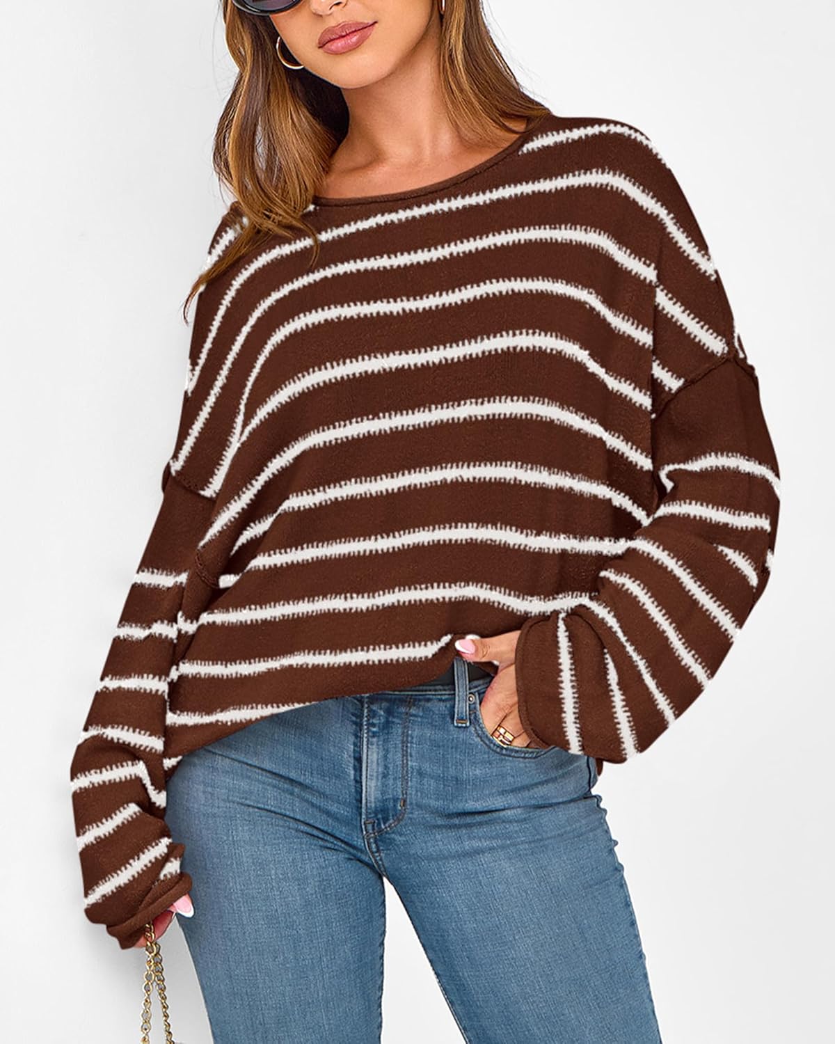 BTFBM Women's Striped Knit Sweaters 2026 Spring Fall Boat Neck Off Shoulder Long Sleeve Oversized Casual Pullover Tops - Image 4