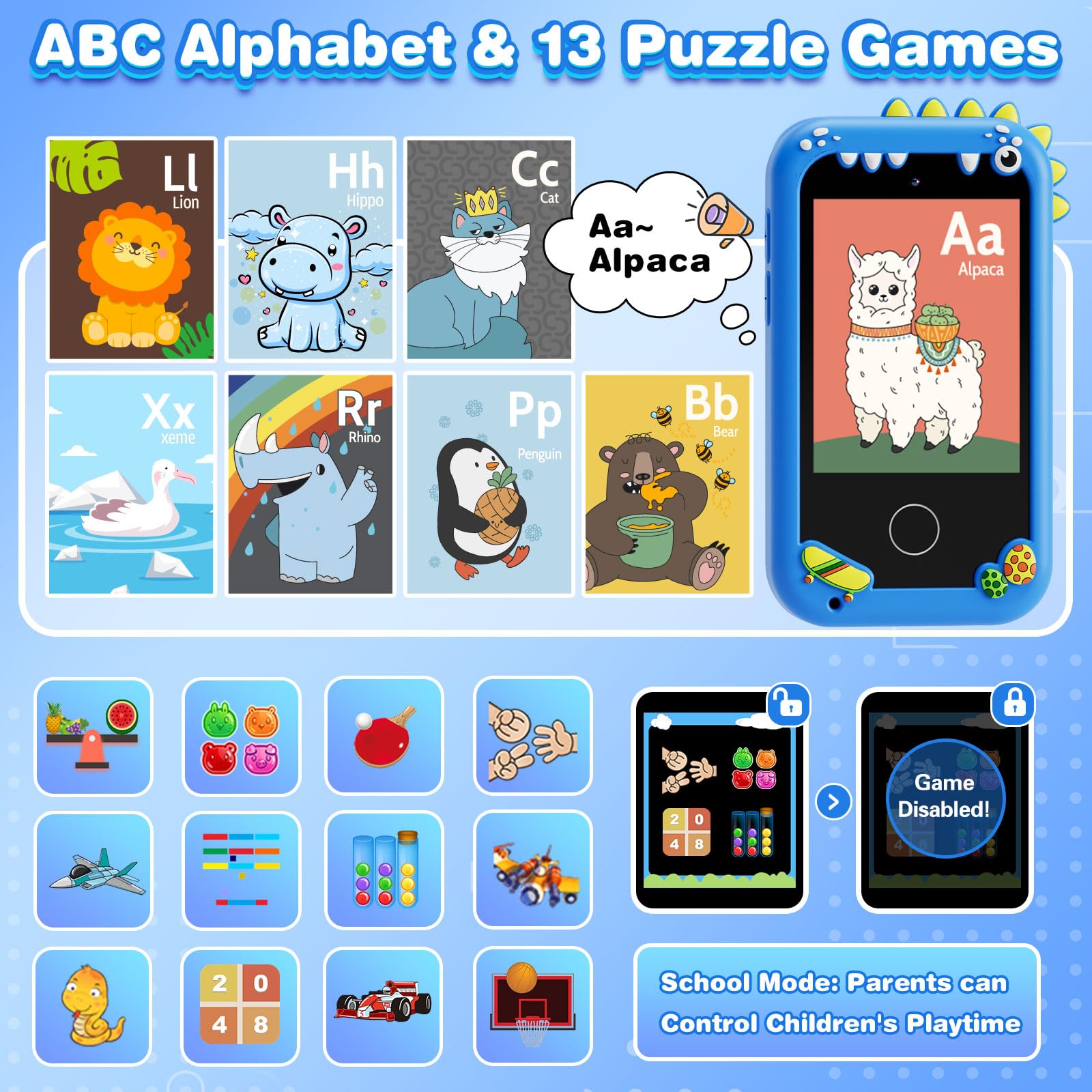 Regalos y juguetes para niños de 3 a 8 años de edad, teléfono de juguete con doble cámara, reproductor de música MP3, juegos, rastreador de hábitos, pantalla táctil, juguete de aprendizaje para niños 5