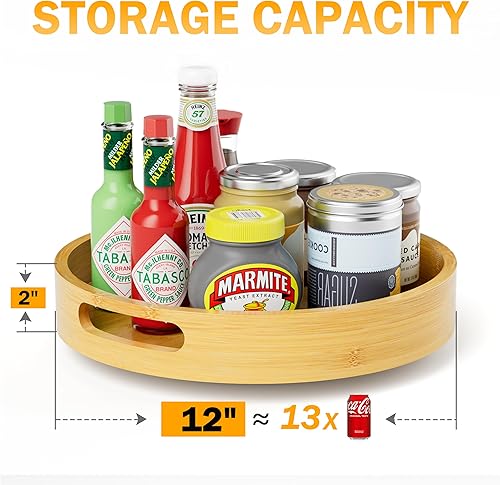 Miniatura 8 de Organizador Lazy Susan Homerays de 12 Pulgadas de Bambú Antideslizante para Cocina, Estante Giratorio de Especias con Asas, Mesa Giratoria de Madera