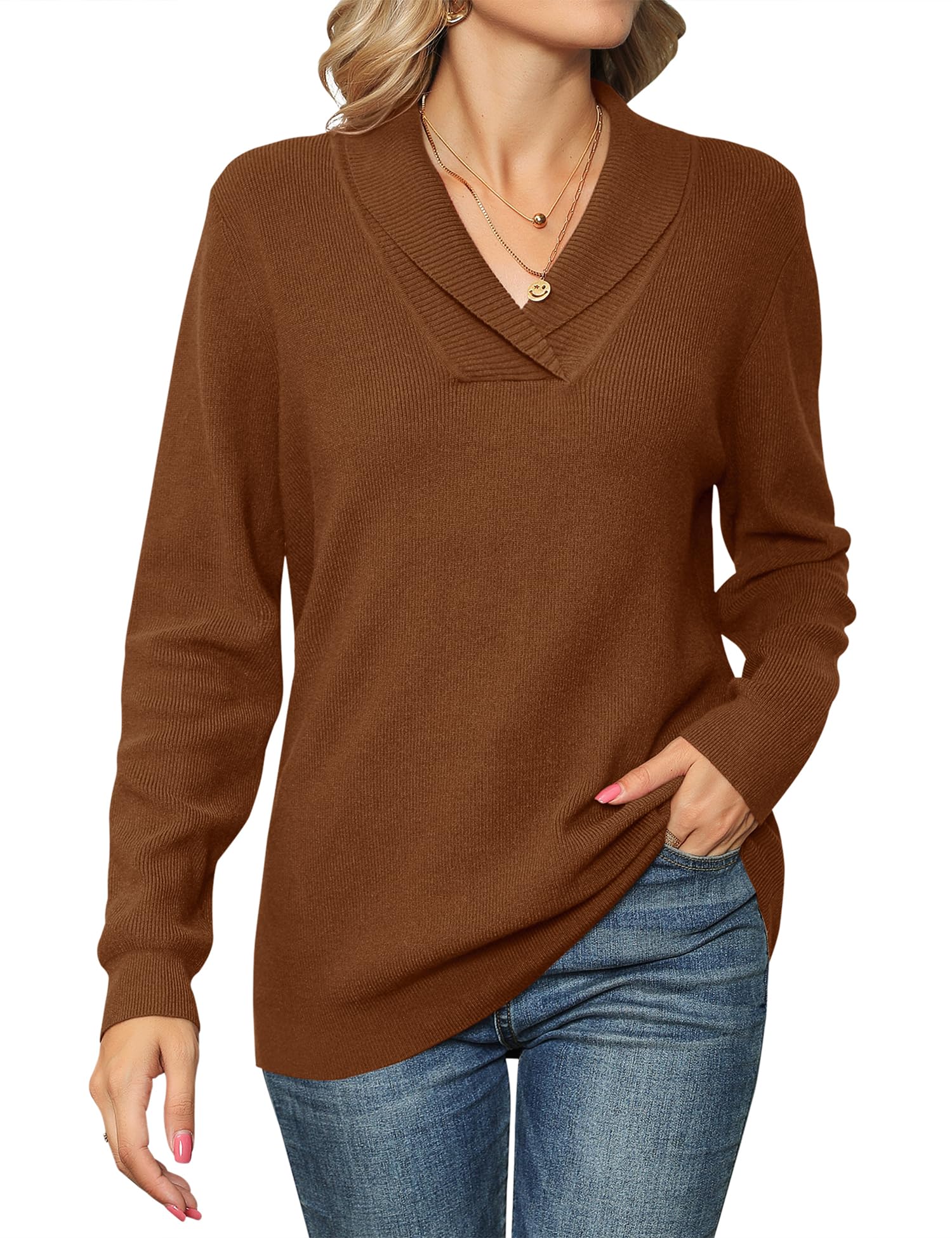 Ivicoer Women Long Sleeve V Neck Pullover Collar Knitted Sweaters