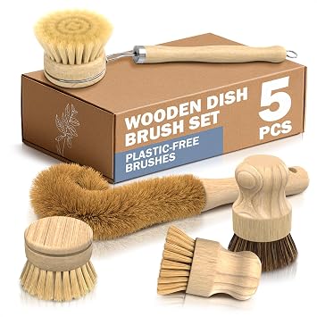 5 Pcs Bamboo Dish Brush Set Bamboo Dish Scrubber with Soft & Stiff Non-Scratch Bristles, Ergonomic Handle, Replacement Head Included Lightweight Kitchen Scrubber for Pots, Bottles & Vegetables