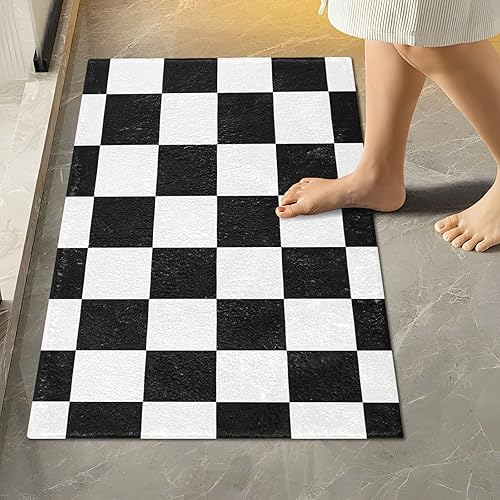 Miniatura 6 de Alfombras de baño a cuadros de tablero de ajedrez, alfombra de baño suave y absorbente, alfombra de baño lavable, alfombra de baño antideslizante