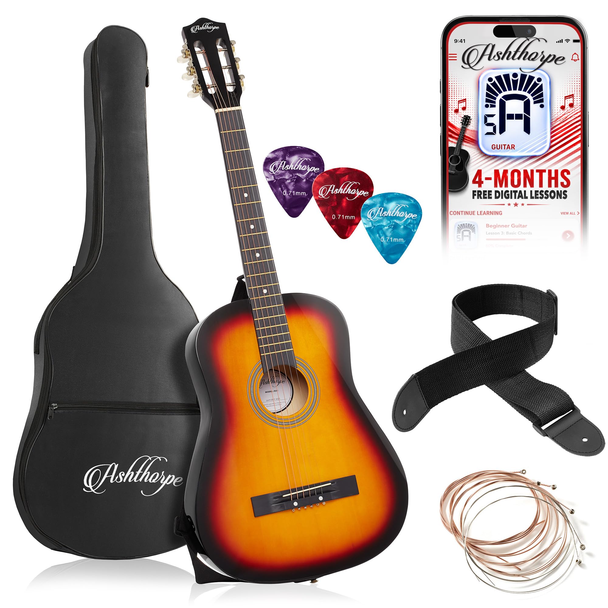 Ashthorpe 38-inch Beginner Acoustic Guitar (Sunburst), Starter Kit with Gig Bag, Extra Strings, Strap, Picks, and Lessons