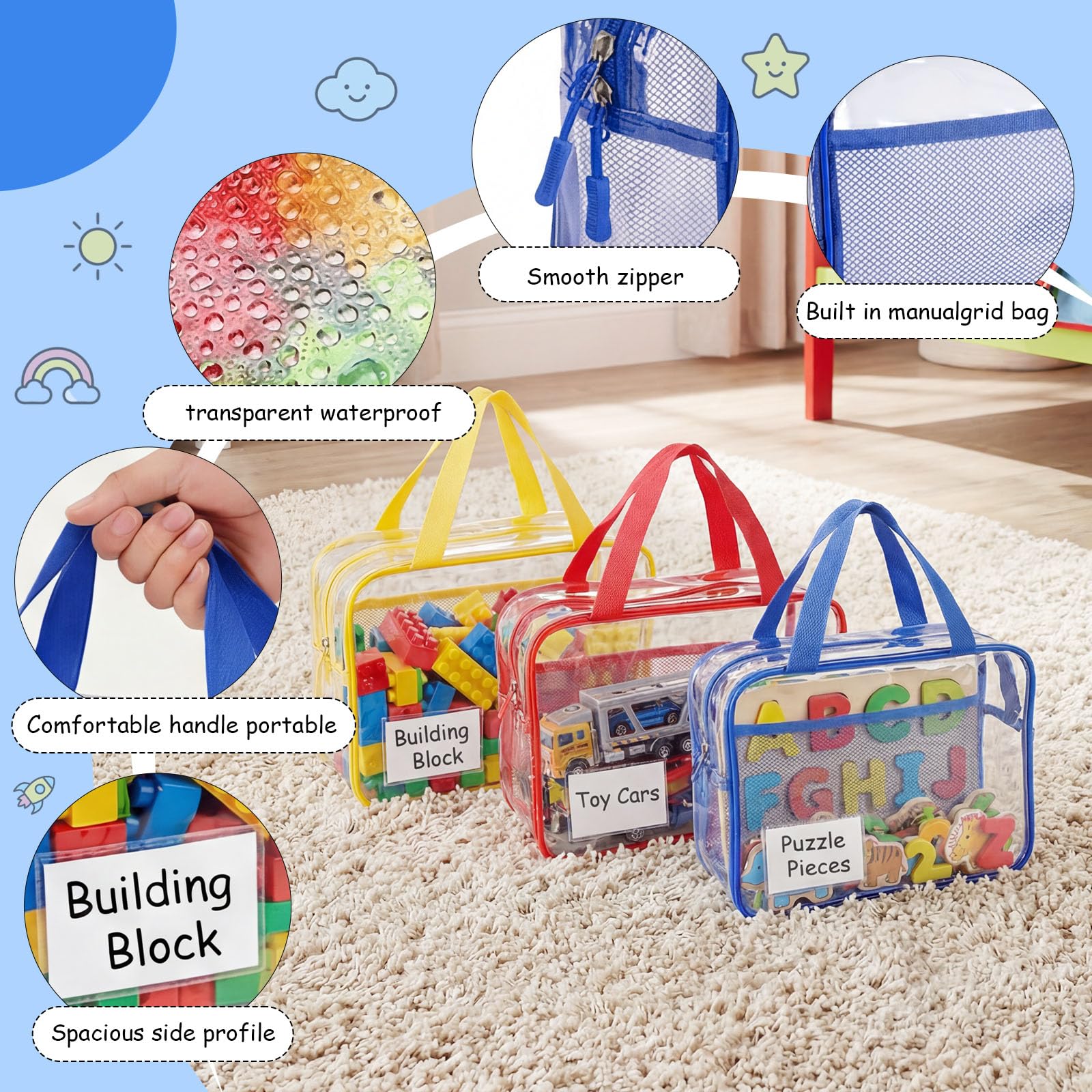 6 Pezzi Sacchetti Portaoggetti per Giocattoli, Sacchetti per Giocattoli in PVC Sacchetti da Giocattolo Ttrasparenti Borse Portaoggetti in PVC per Giocattolo, Puzzle (30x24x12cm)