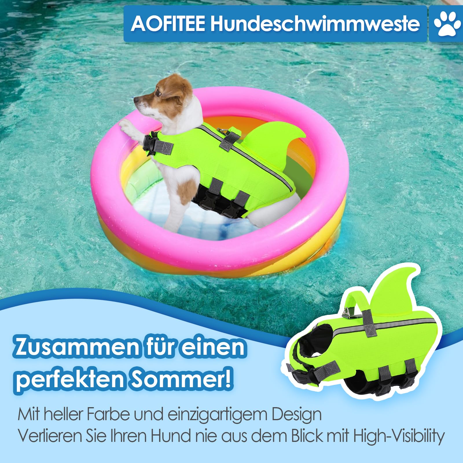 AOFITEE Gilet de Sauvetage pour Chien avec Nageoire - Réglable Gilet de Natation pour Chien Petit et Moyen Haute Flottabilité, Poignée de Sauvetage, Bandes Réfléchissantes - pour Natation, Bateau