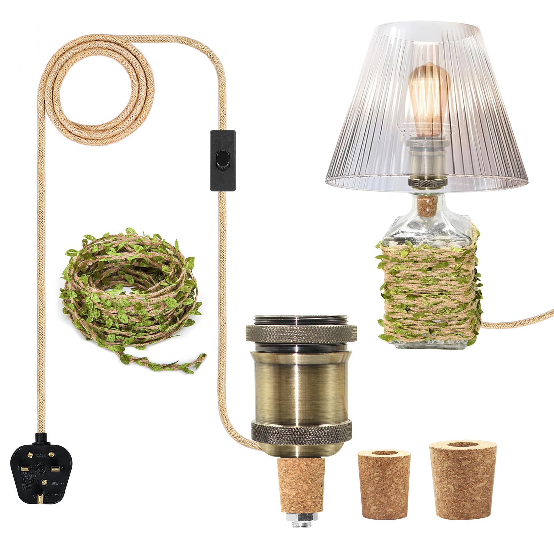 ZRLXFM E27 Ceramic Bottle Lamp Holder, Bronze Table Lamp Base with Switch and 240cm Vintage Hemp Cord, Bottle Lamp DIY Kit, Includes 5M Green Leaf Hemp Cord and 3 Size Bottle Stoppers