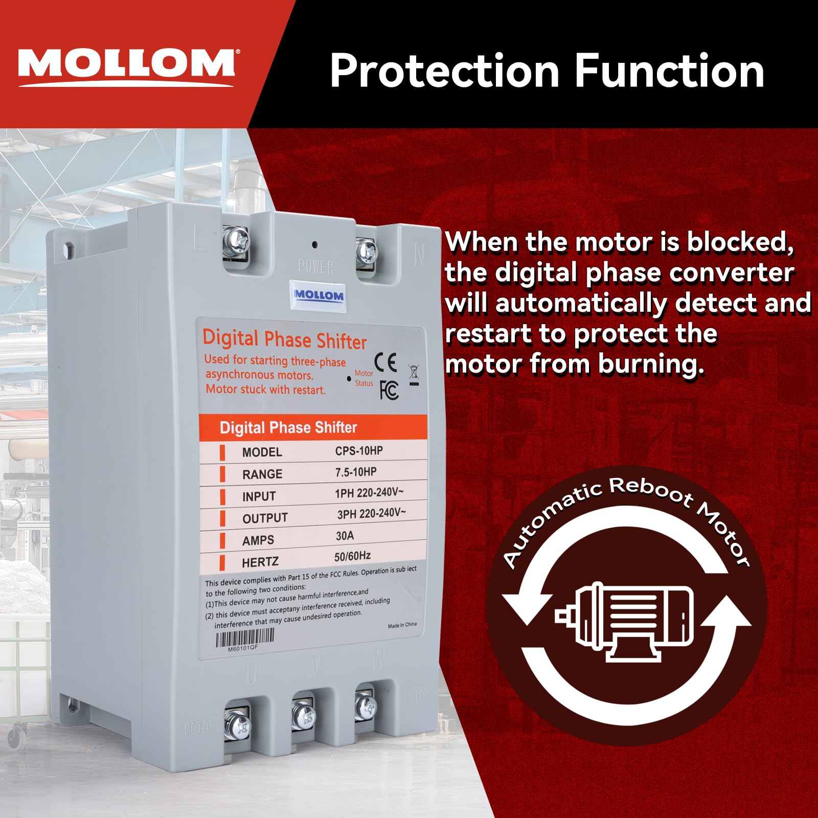 MOLLOM 3 Phase Converter, Digital Phase Shift 75KW 10HP 30Amps 220240V, Single