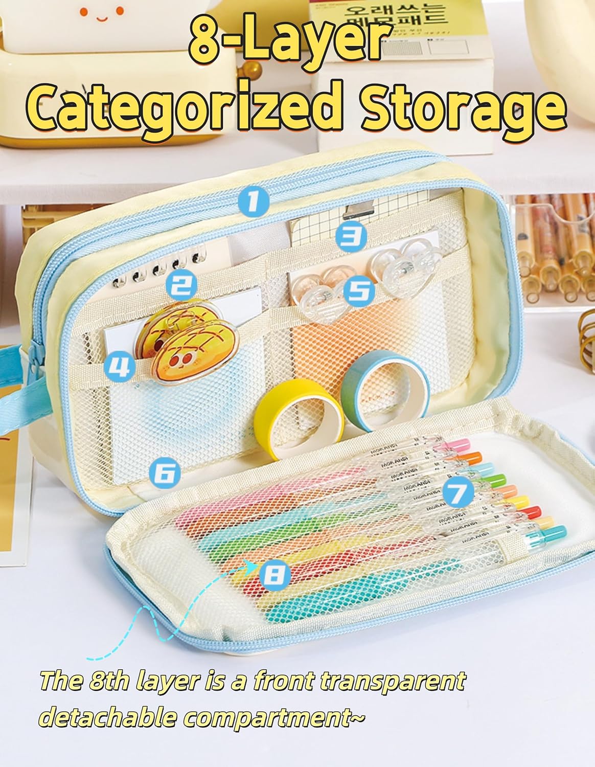 Large Capacity Color Block Transparent Detachable Kawaii Pencil Case - Aesthetic Dopamine Supplies Organizer, Cute Pain Bag Style Pen Pouch (Yellow) - Image 2