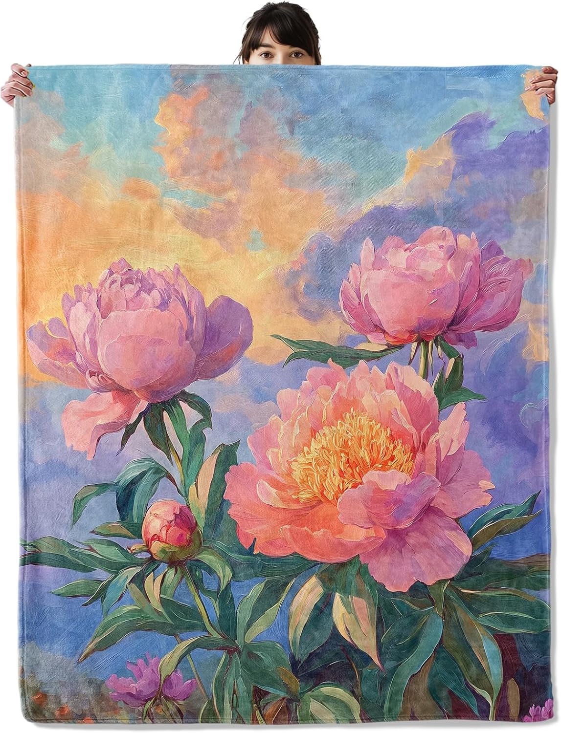 Sunset Peony Garden Blanket, Cozy Flannel Pink Peonies Throw Blanket, Soft Fuzzy Blankets for Travel Home Decor, All Season Lightweight Couch Bed Cover, Gifts for Women Adults Kids 50"×60"
