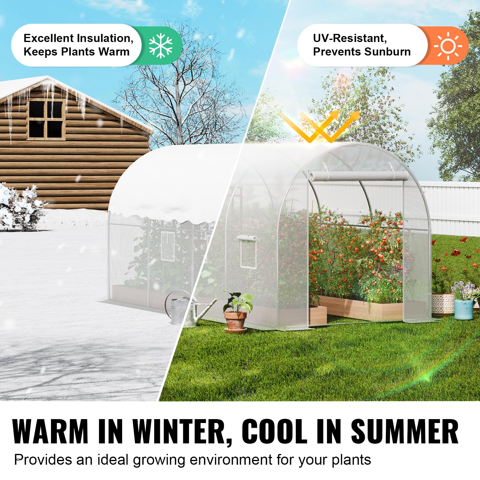 VEVOR Serre Tunnel Jardin, 292x196x190 cm, Tente Abri Plantes avec Cadre en Acier Galvanisé, Couverture en PE Blanche, Porte à Glissière Enroulable, 6 Fenêtres, pour Extérieur Cultiver Légumes Fleurs