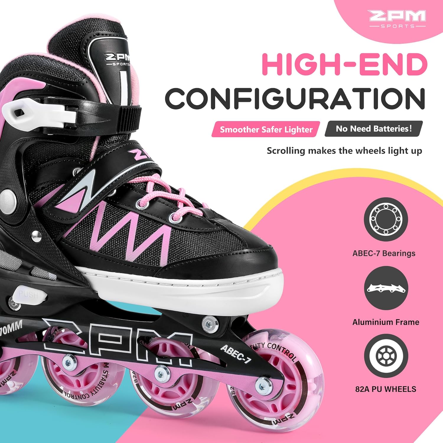 2PM SPORTS Girls Adjustable Inline Skates with Full Light Up Wheels, Fun Beginner Roller Skates for Kids Boys Youth