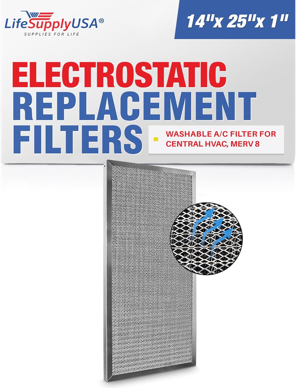 14x25x1 Electrostatic Air Filter, MERV 8, Washable, Reusable Furnace AC/HVAC Filter, Energy Saving, Easy to Clean, Long-Lasting by LifeSupplyUSA