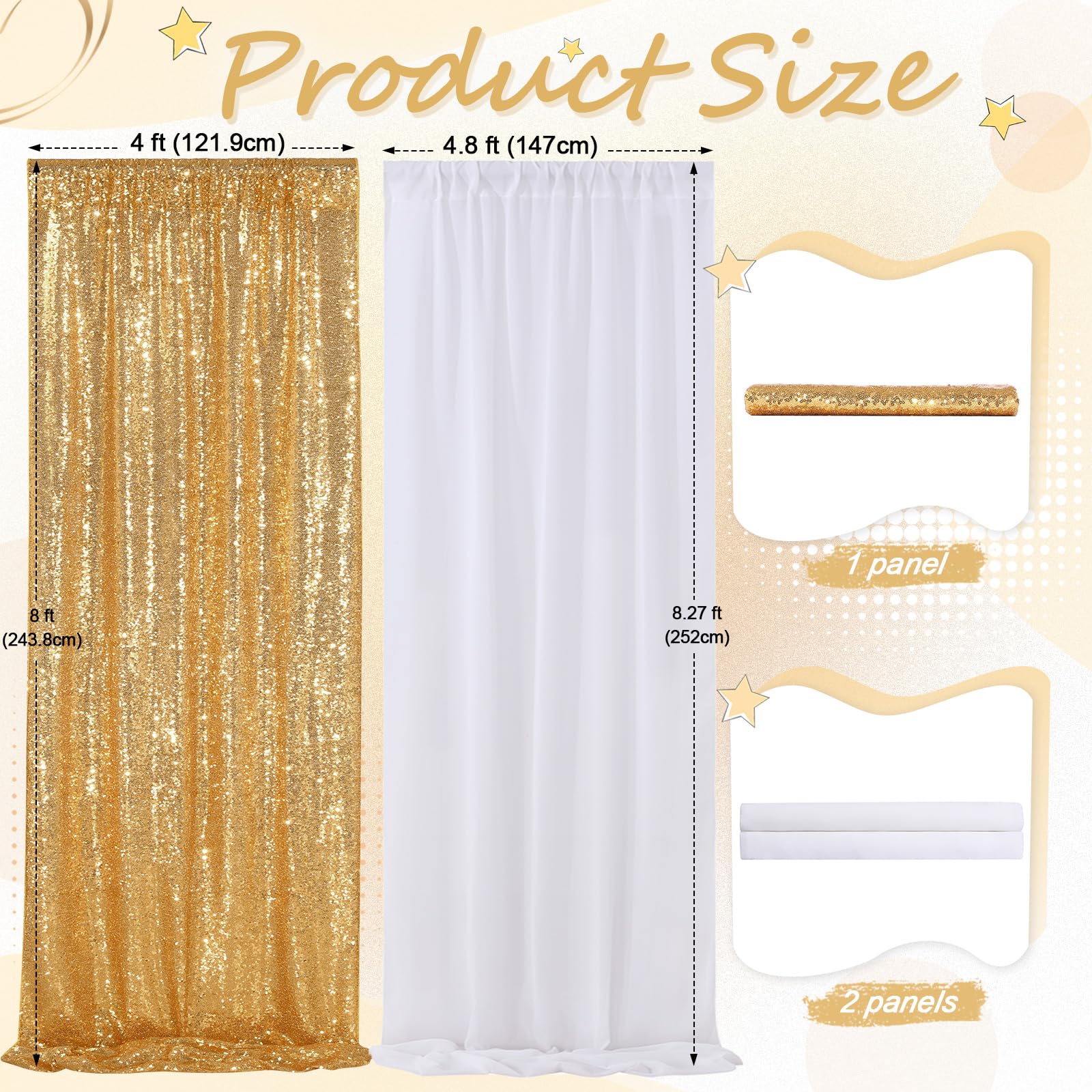 Lot de 3 rideaux de fond à paillettes en mousseline de soie pour fête de mariage Doré 1,2 x 2,4 m