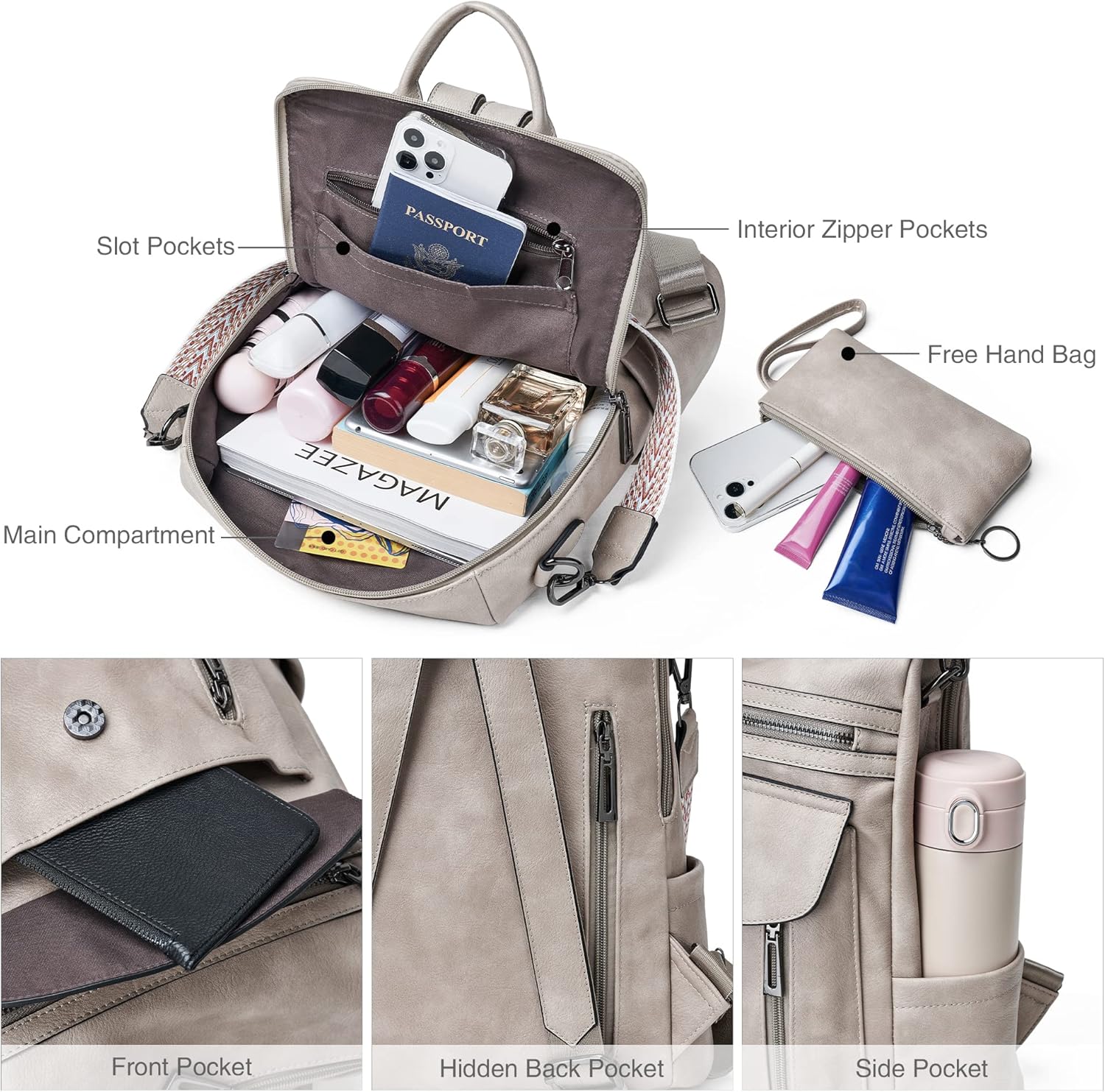 Shrrie Backpack Purse for Women Fashion Leather Backpack Purse Designer Travel Backpack Convertible Shoulder Bag with Wristlet - Image 4