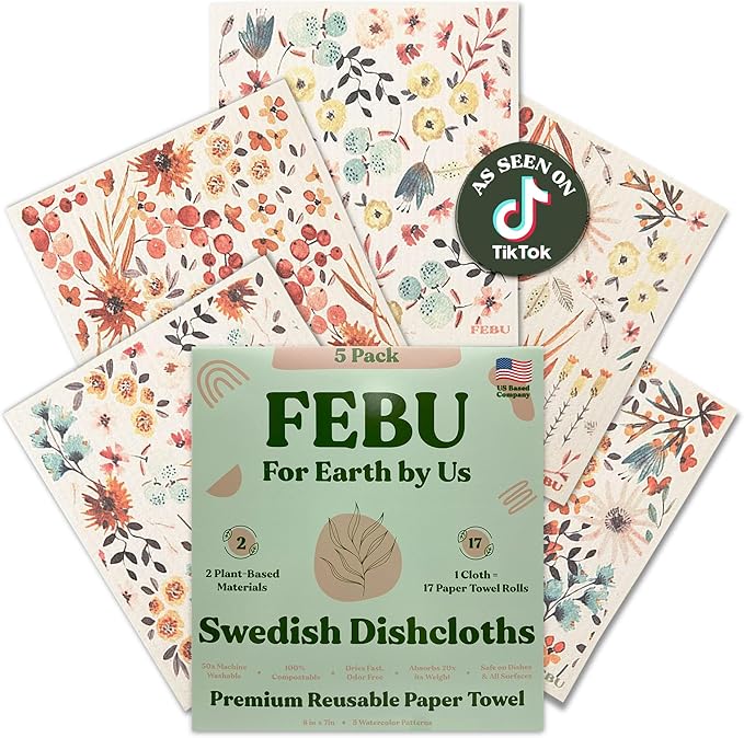 FEBU Swedish Dishcloths for Kitchen | 5 Pack Fruit Pattern Reusable Paper Towels Washable | Swedish Dish Towels | Non-Scratch Cellulose Sponge Cloths | No Odor, Biodegradable Cleaning Cloths