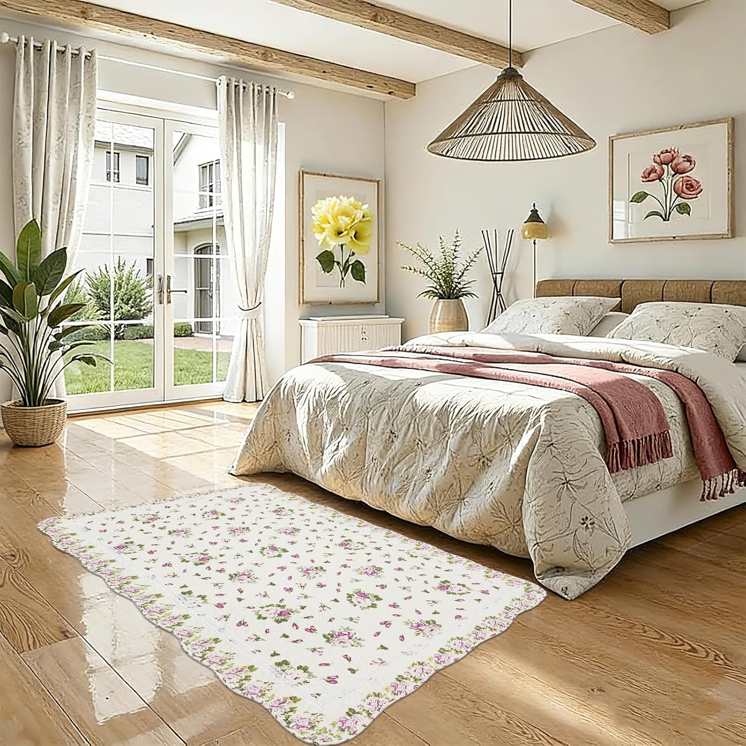 USTIDE 3x5 Rose Flower Area Rug, Natural Cotton Runner, Shabby Rose Flower Buds Vintage Rose Machine Washable Runner for Bedroom Dining Room Living Room