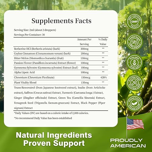 Miniatura 2 de Gotas de berberina con canela de Ceilán - Suplemento líquido a base de hierbas con melón amargo, pasiflor, gimnasia, cromo y resveratrol - Mezcla de