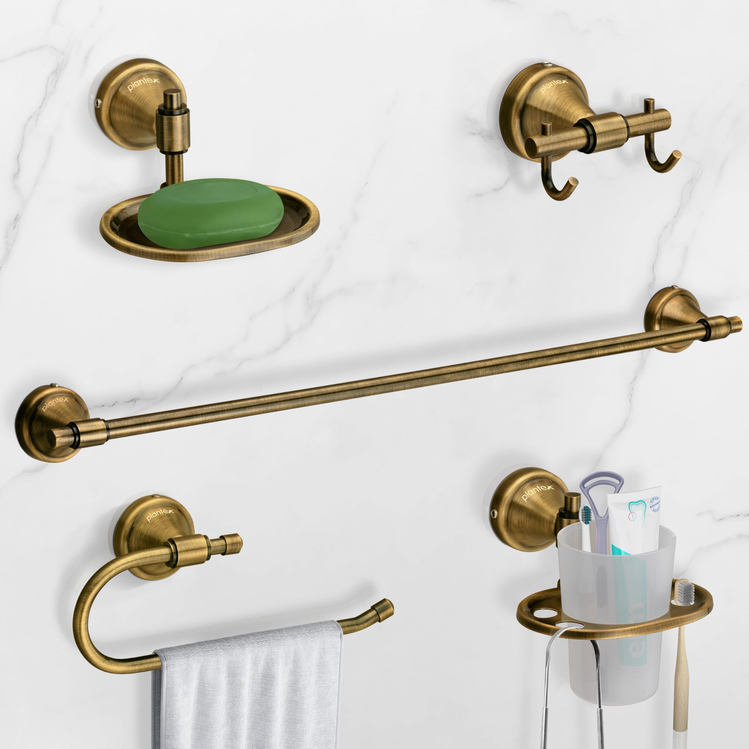 Plantex 304 Grade Stainless Steel Bathroom Accessories Set of 5 - Towel Rod/Hand Napkin Hanger for Wash Basin/Soap Case/Toothbrush Holder/Robe Hook - Niko (Brass Antique)-picture-11
