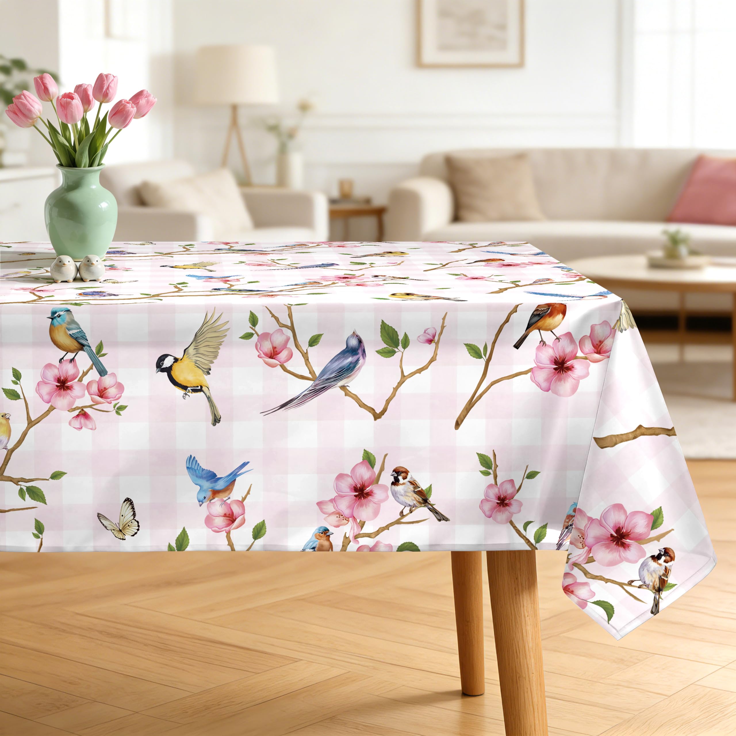 Nappe de table rectangulaire antitache imperméable oiseau fleur rose