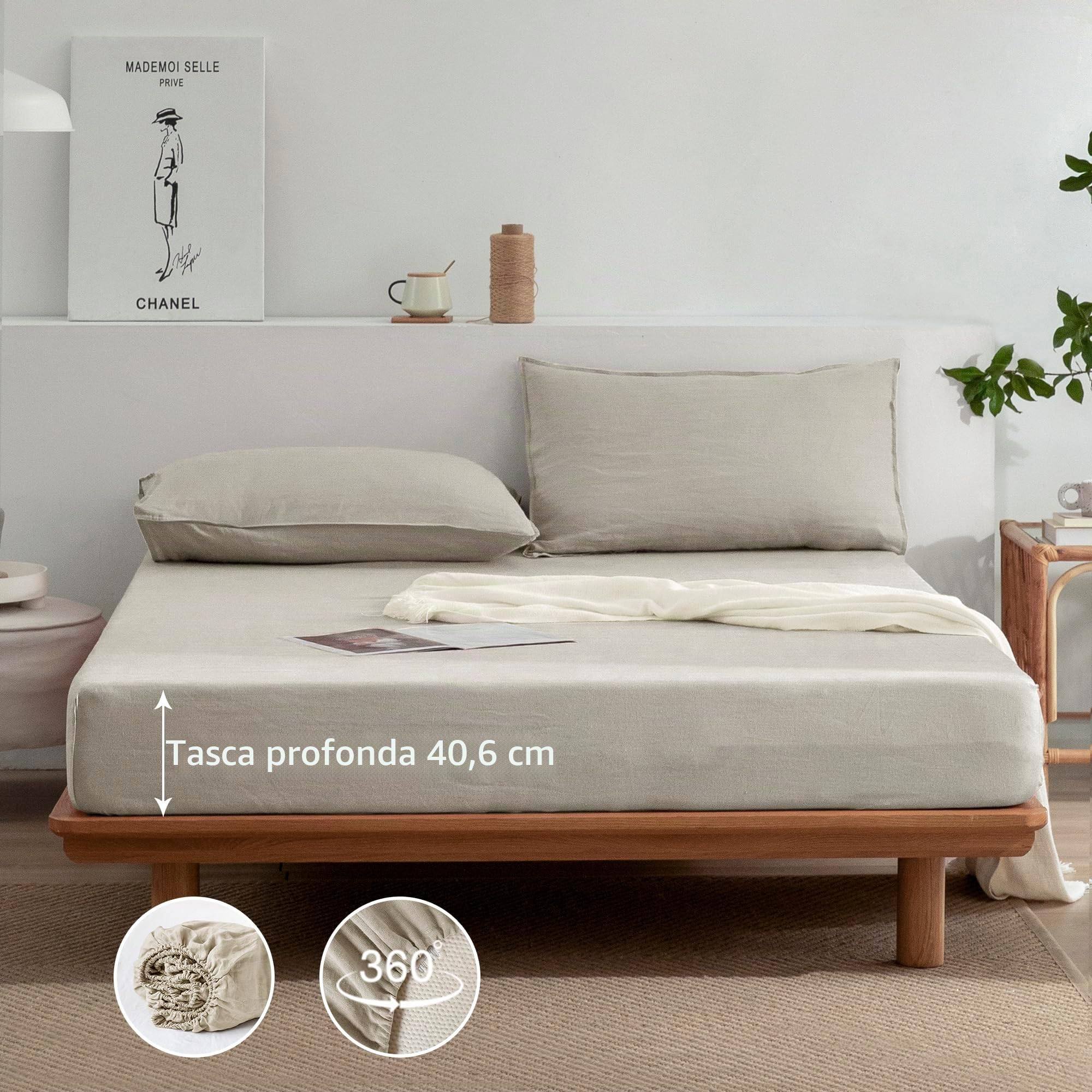 EVERLY Set di lenzuola in lino per letto matrimoniale, 100% lino francese stonewash, set di 4 pezzi (1 lenzuolo piatto, 1 lenzuolo con angoli, 2 federe), adatto per chi dorme caldo, set di biancheria