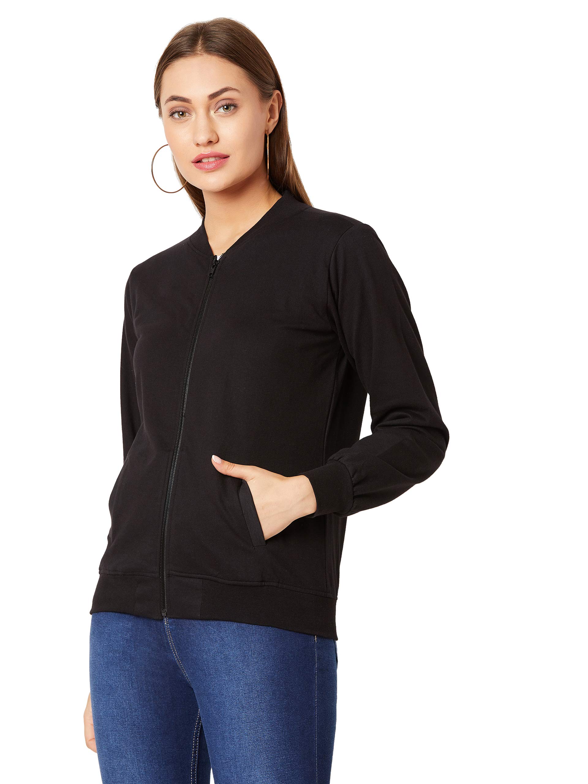 miss chase Women's Black Solid Ribbed Bomber Jacket-picture-52